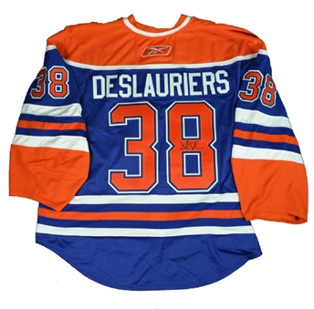 Jeff Deslauriers Game Worn and signed 2009-10 Edmomton Oilers Retro Jersey (1/14/10)